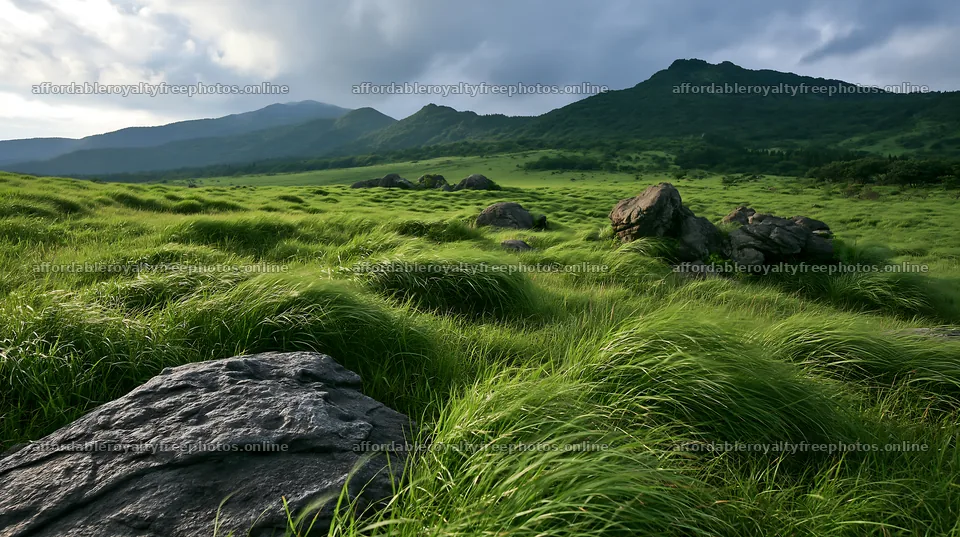 Oita highland meadow with granite stones under cloudy sky – royalty-free photos 10608x5938