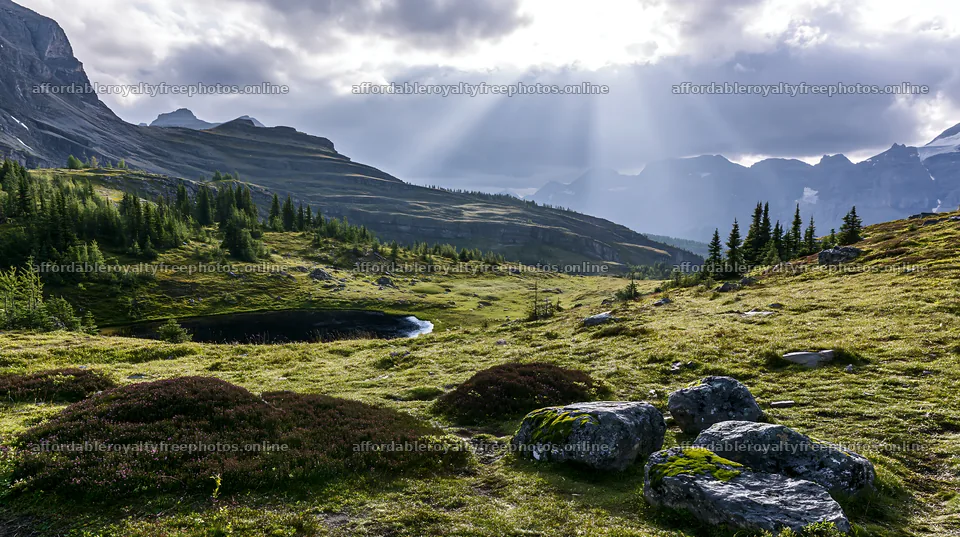 Sunshine rays over meadows and mountains in Banff – royalty-free photos 10608x5938