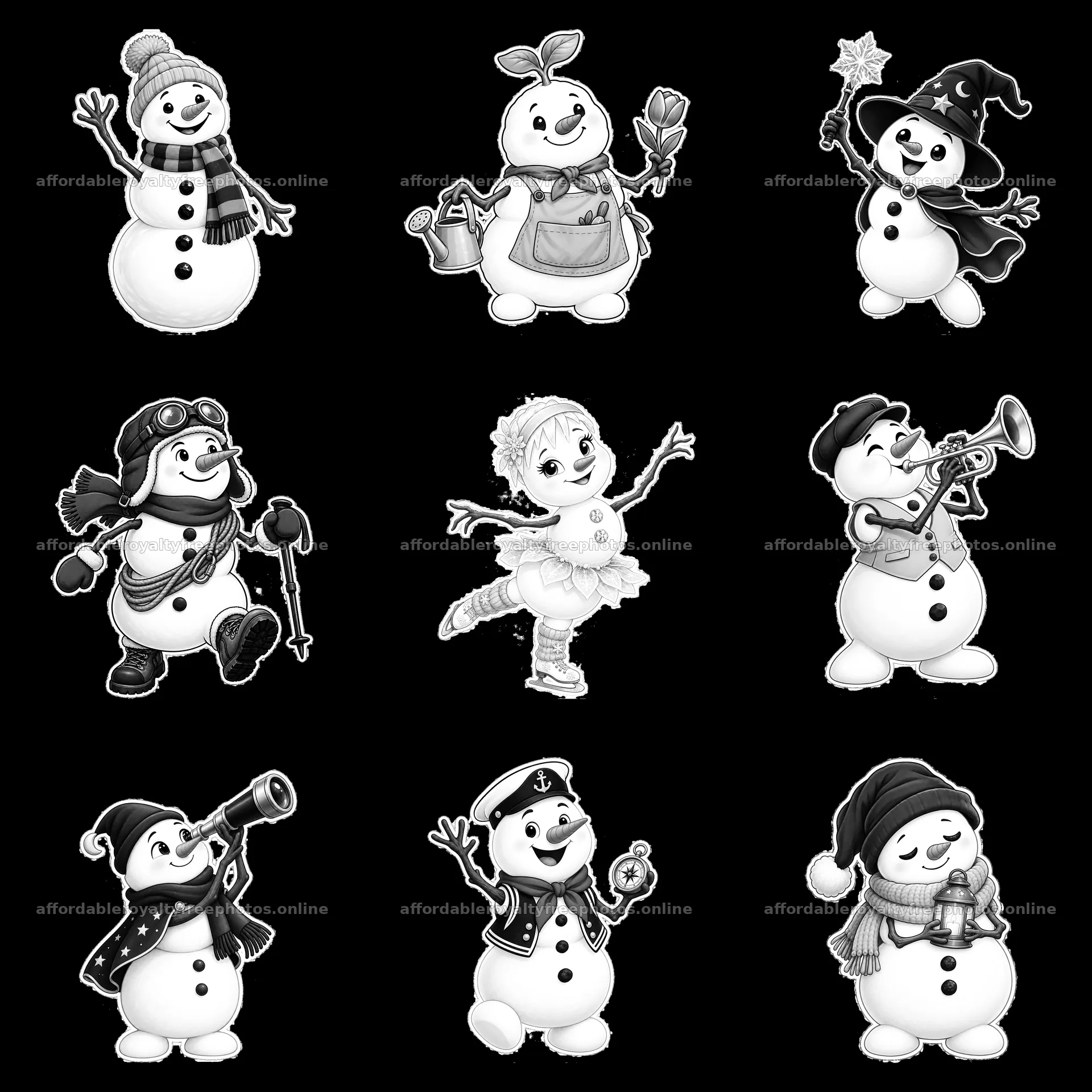 Snowmen in various activities and costumes in a 3x3 grid – royalty-free photos 7746x7746