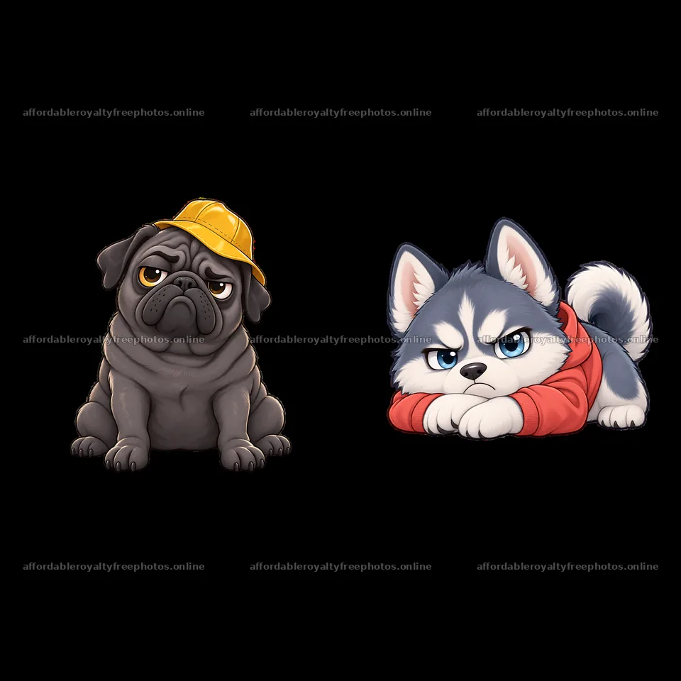 Grumpy cartoon pug wearing a yellow hat and a husky in – royalty-free photos 7746x7746