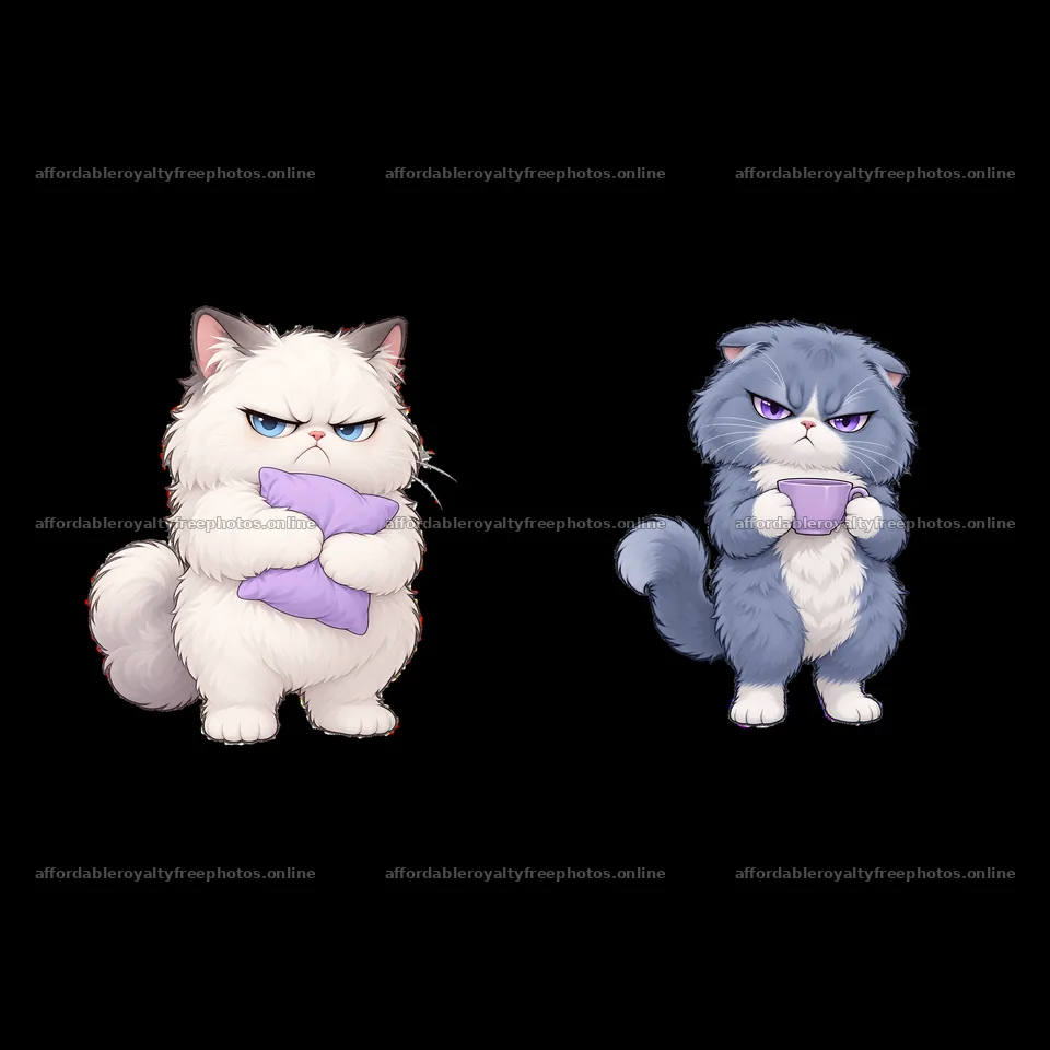 Kawaii grumpy cats holding pillows and cups in playful – royalty-free photos 7746x7746