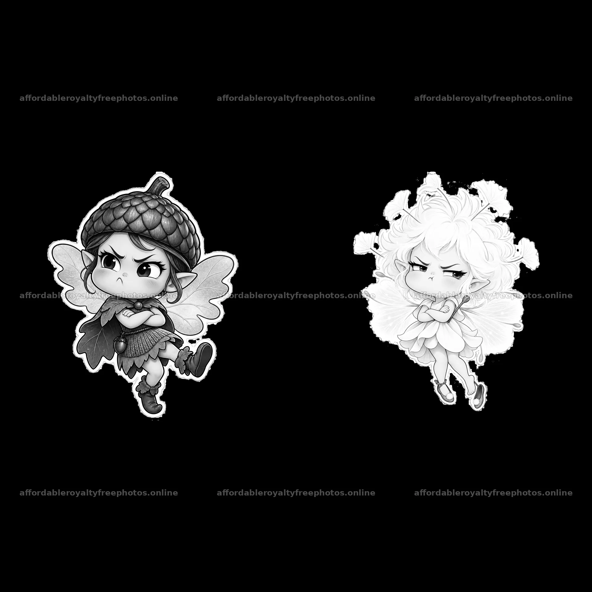 Two kawaii grumpy fairy characters stand with crossed – royalty-free photos 7746x7746