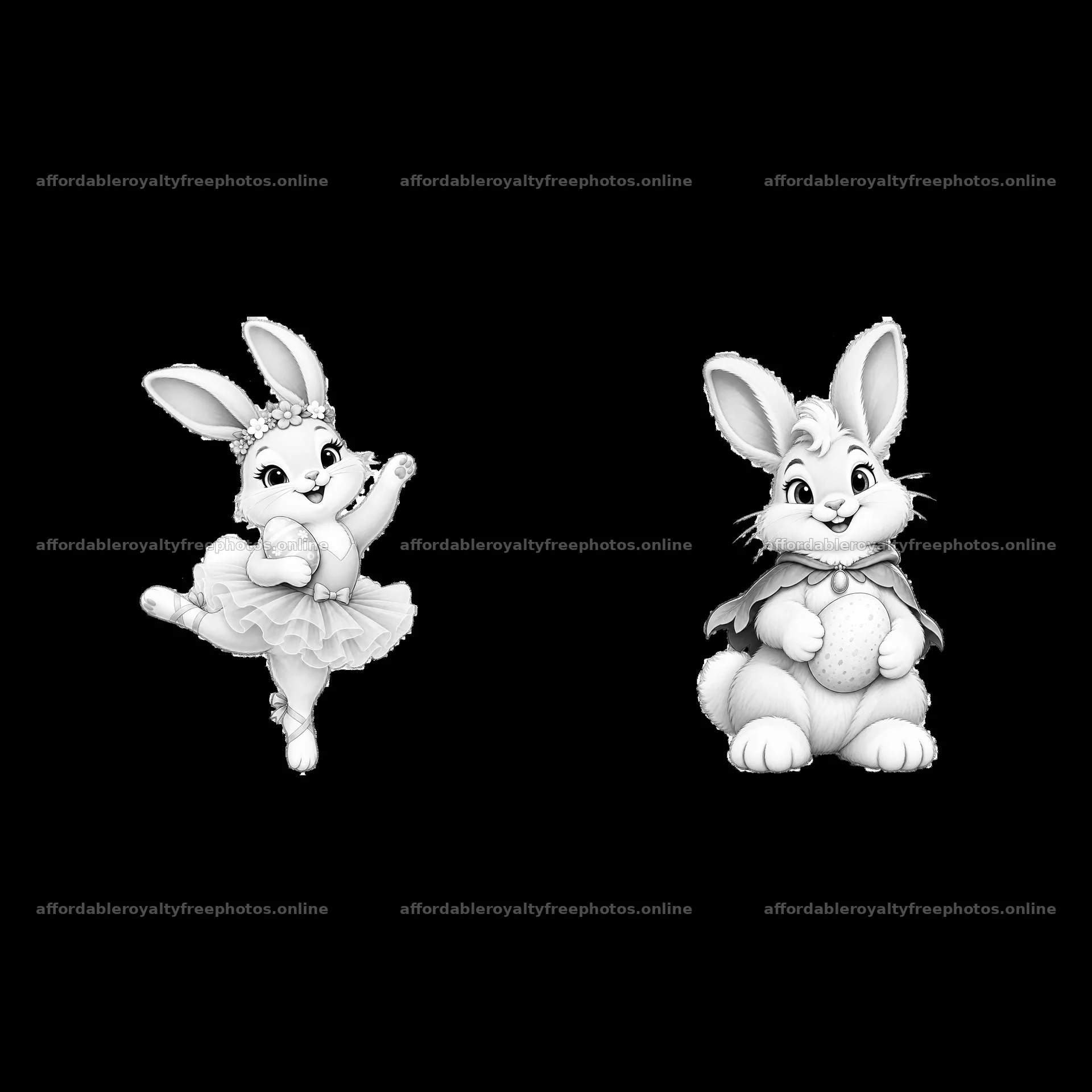 Easter bunny characters dancing and posing in black and – royalty-free photos 7746x7746