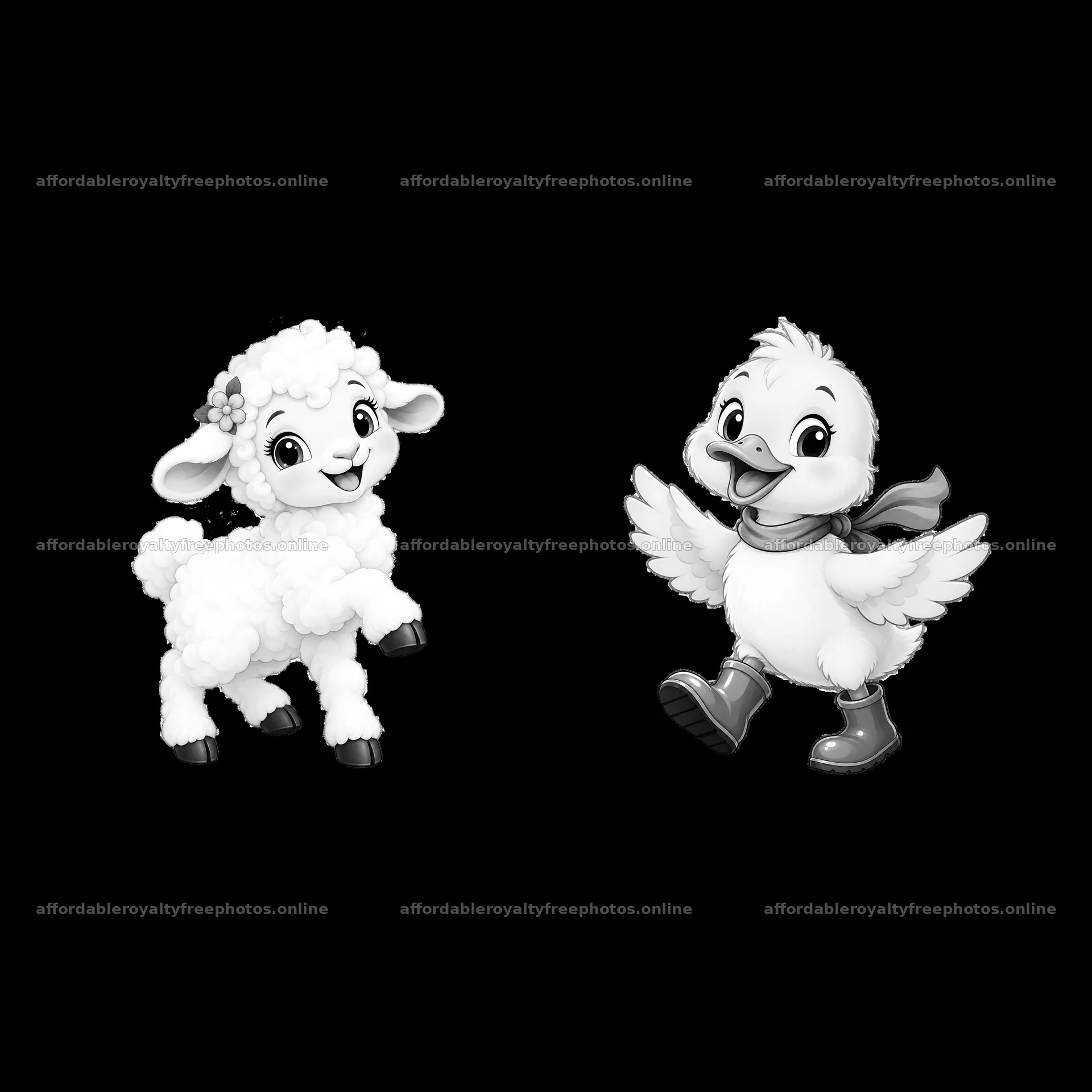 Farm animals sticker with a sheep and a duck dancing – royalty-free photos 7746x7746