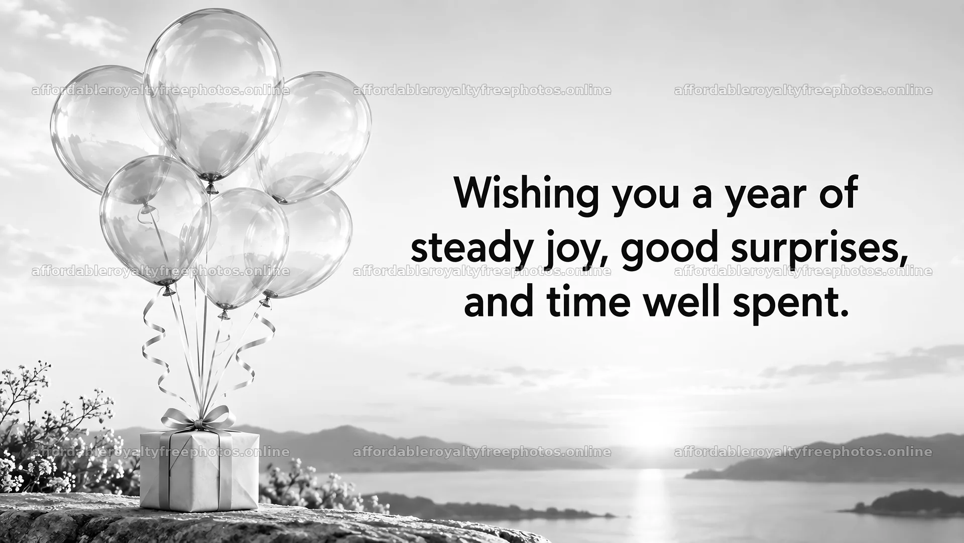 Monochrome Birthday Greeting with Balloons and Gift – royalty-free photos 10324x5812