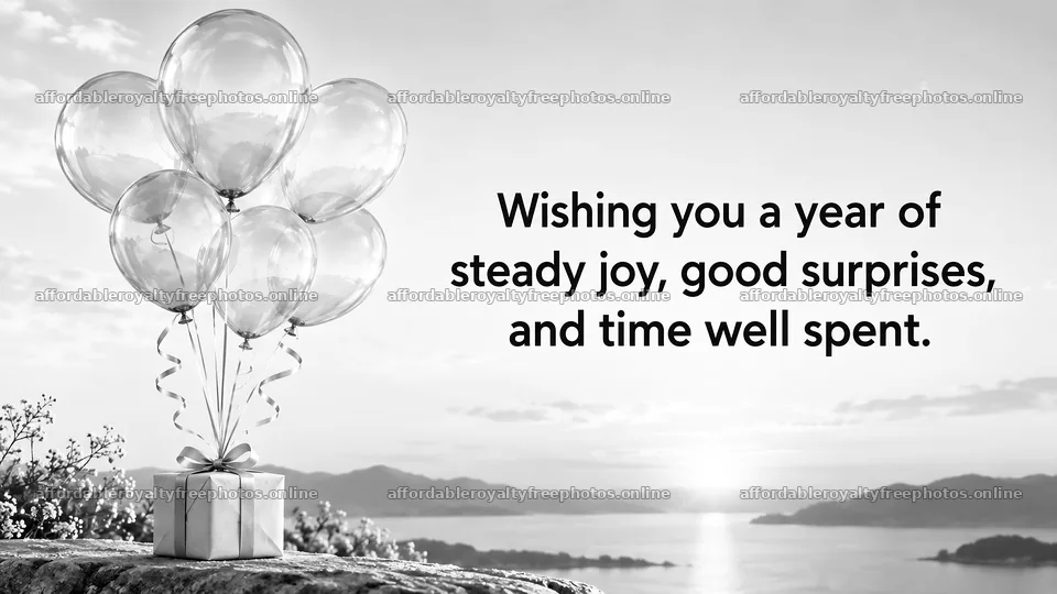 Monochrome Birthday Greeting with Balloons and Gift – royalty-free photos 10324x5812