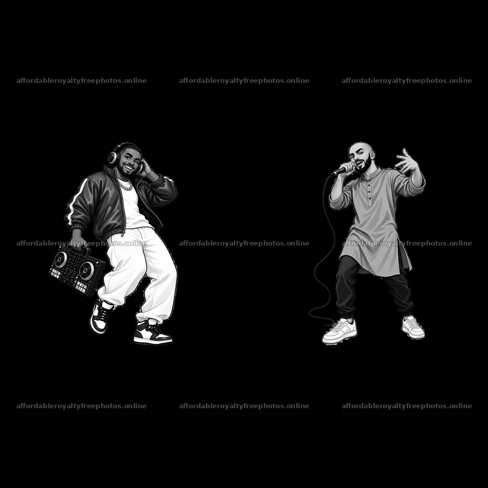 Hip-hop artists with boombox and microphone in black and – royalty-free photos 7746x7746