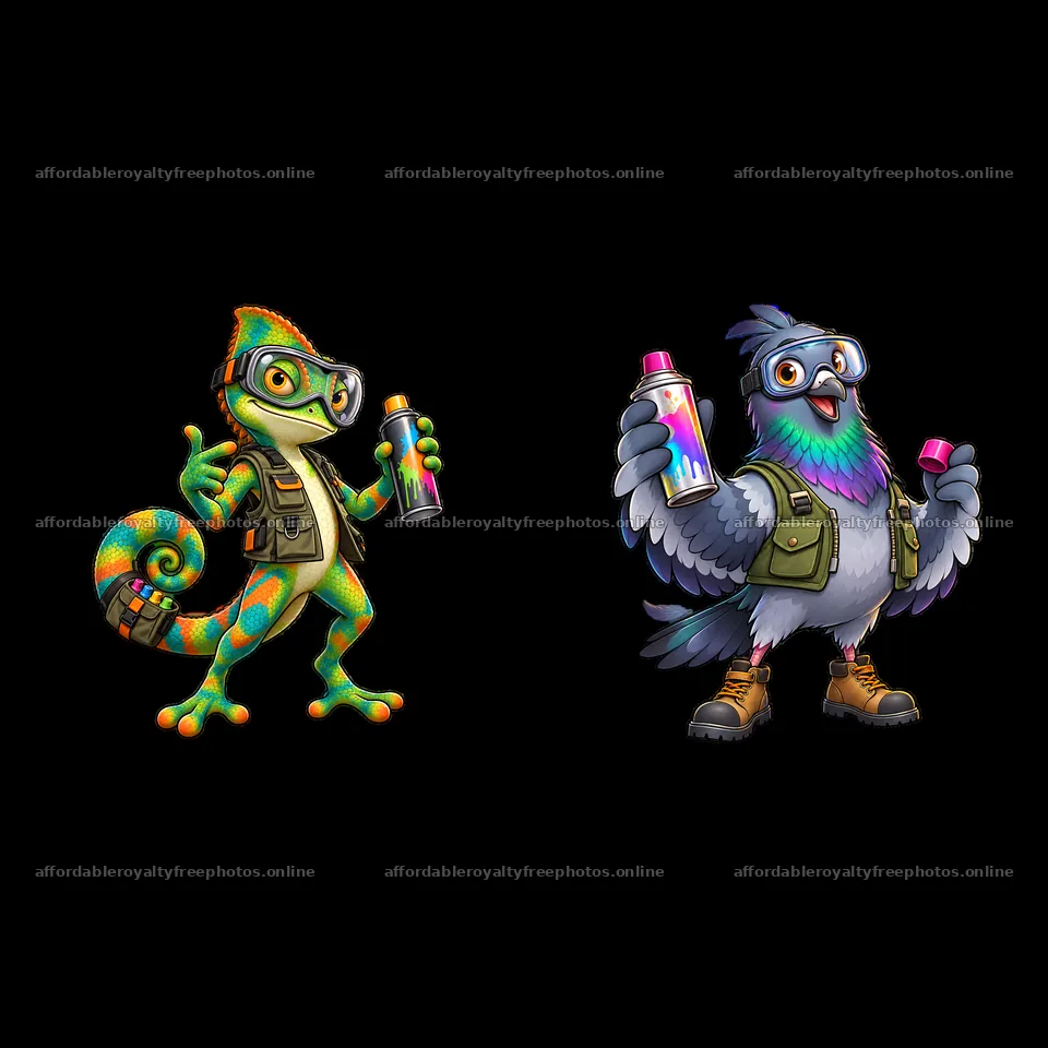 Colorful lizard and bird characters holding spray paint – royalty-free photos 7746x7746