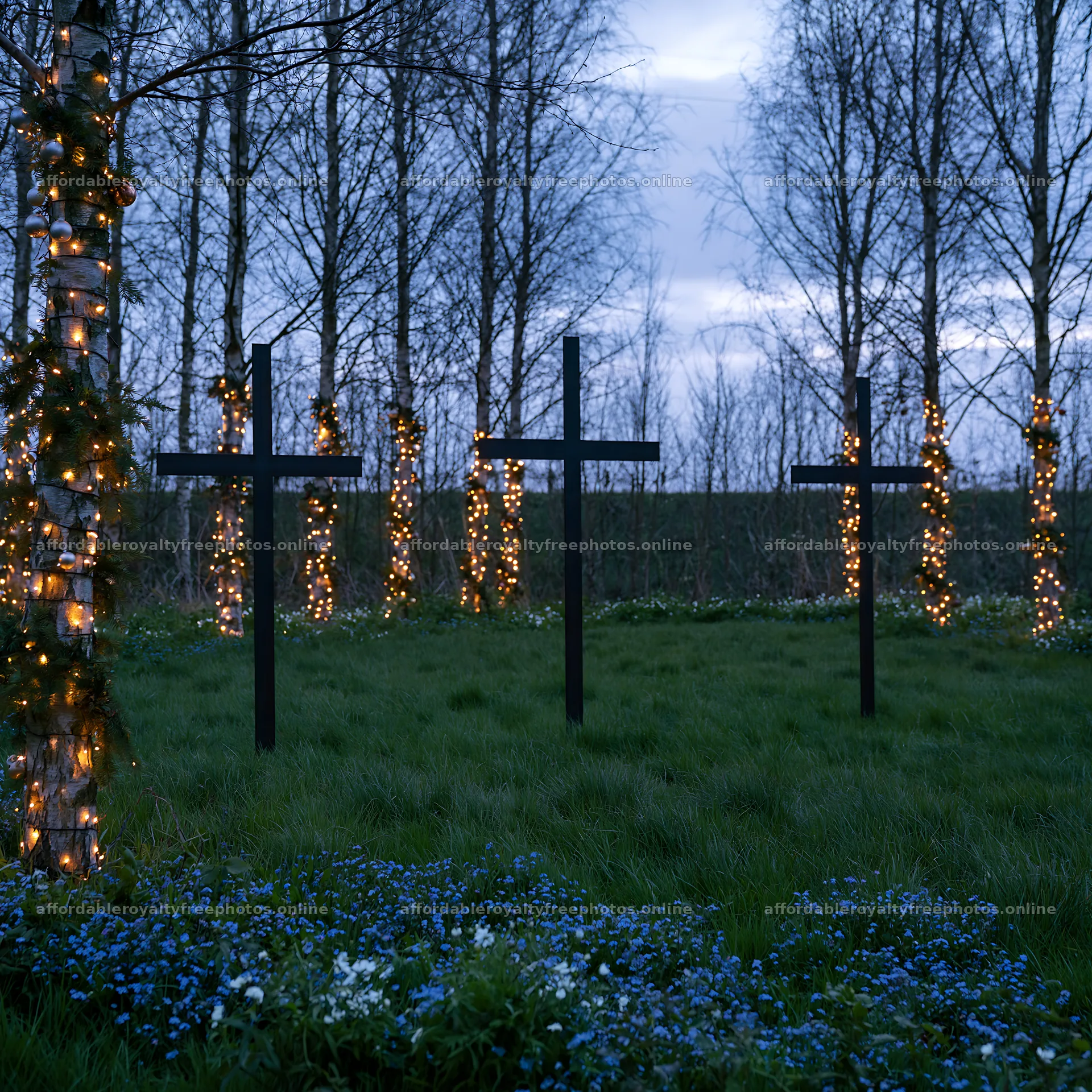 Three iron crosses in Advent meadow during dusk – royalty-free photos 7938x7938