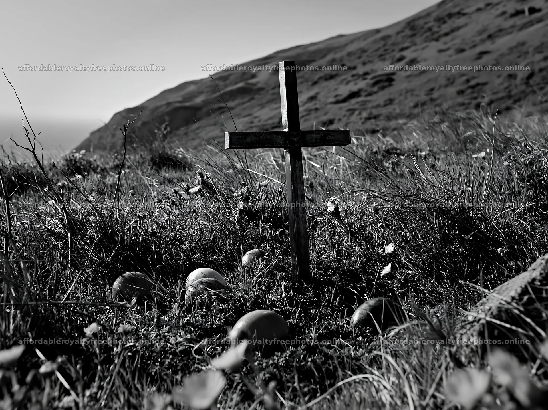 Christian cross in valley meadow with stones – royalty-free photos 9174x6866