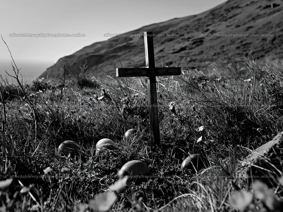 Christian cross in valley meadow with stones – royalty-free photos 9174x6866