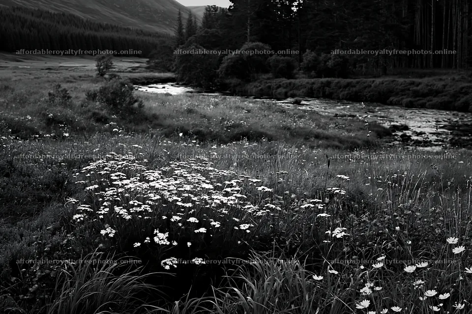 Woodland meadow flower border beside stream in black and – royalty-free photos 9722x6480