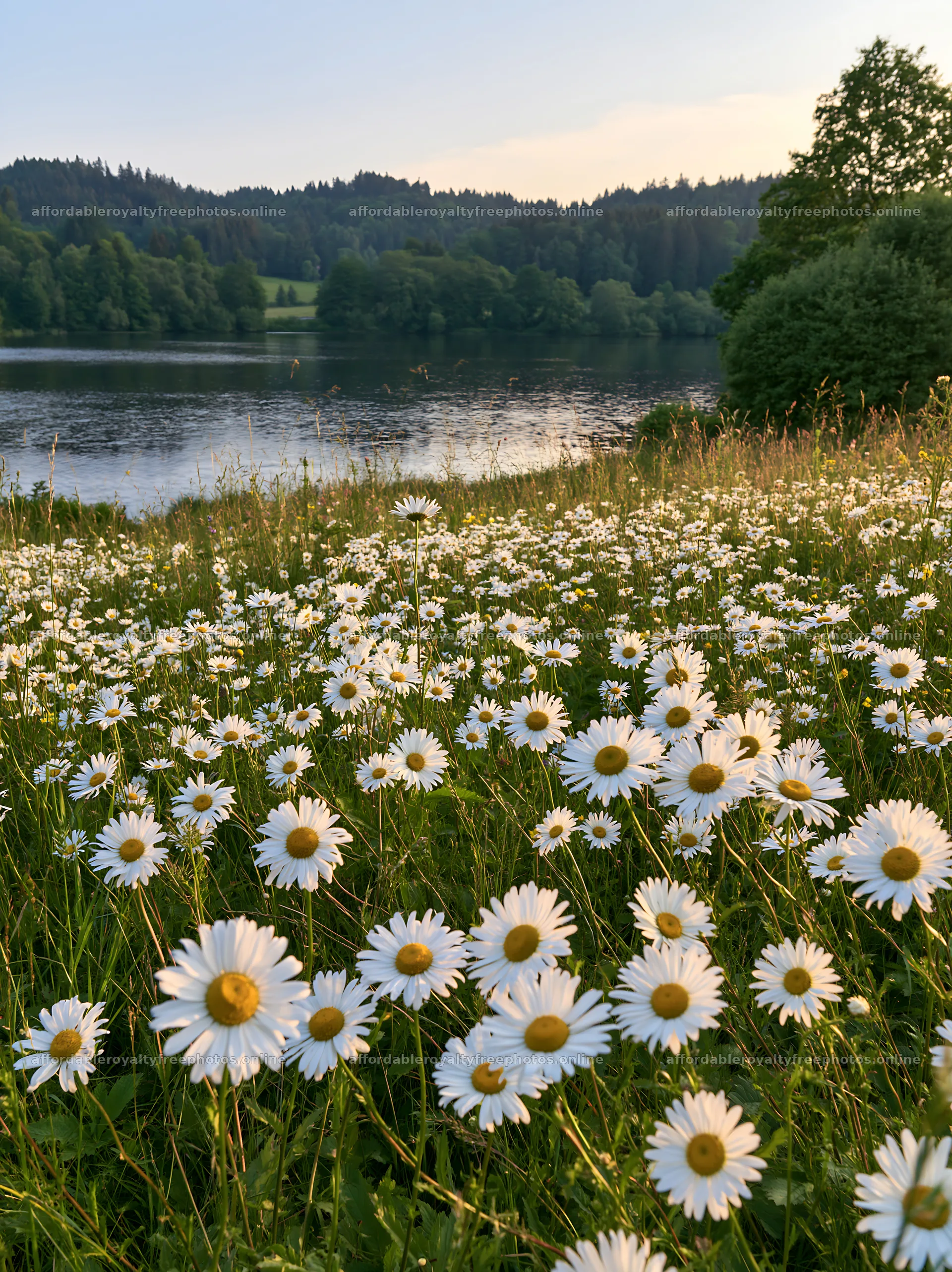 German lakeside meadow filled with daisies at sunset – royalty-free photos 6866x9174