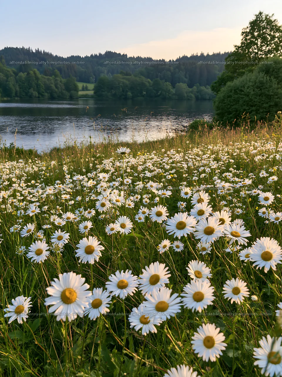German lakeside meadow filled with daisies at sunset – royalty-free photos 6866x9174