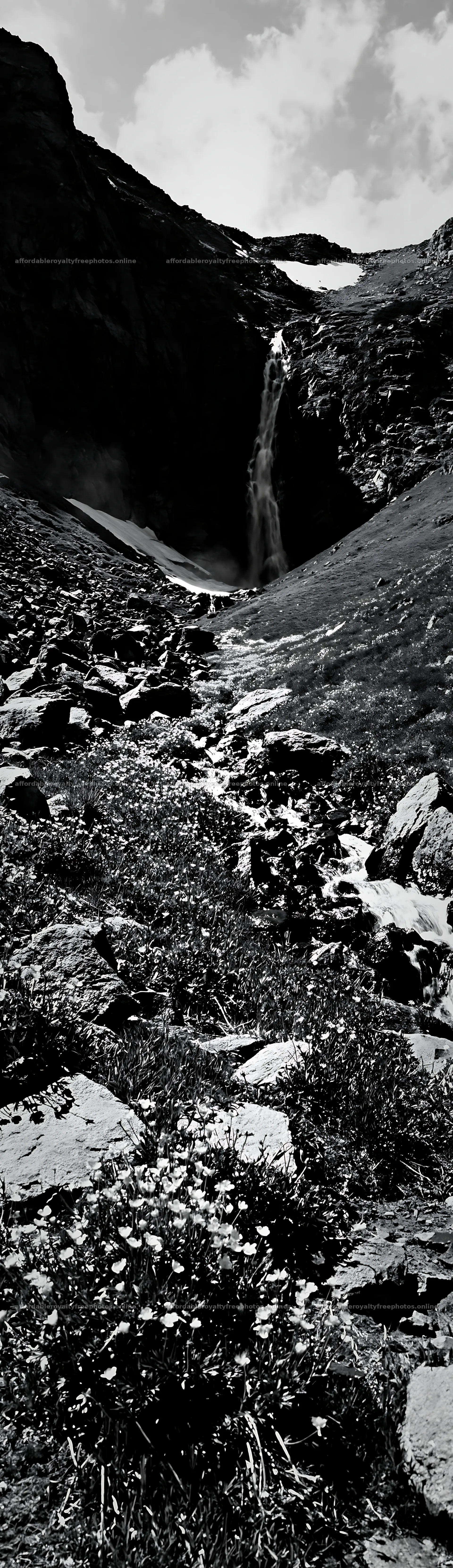 Alpine meadow with waterfall and rocky landscape – royalty-free photos 4268x14762