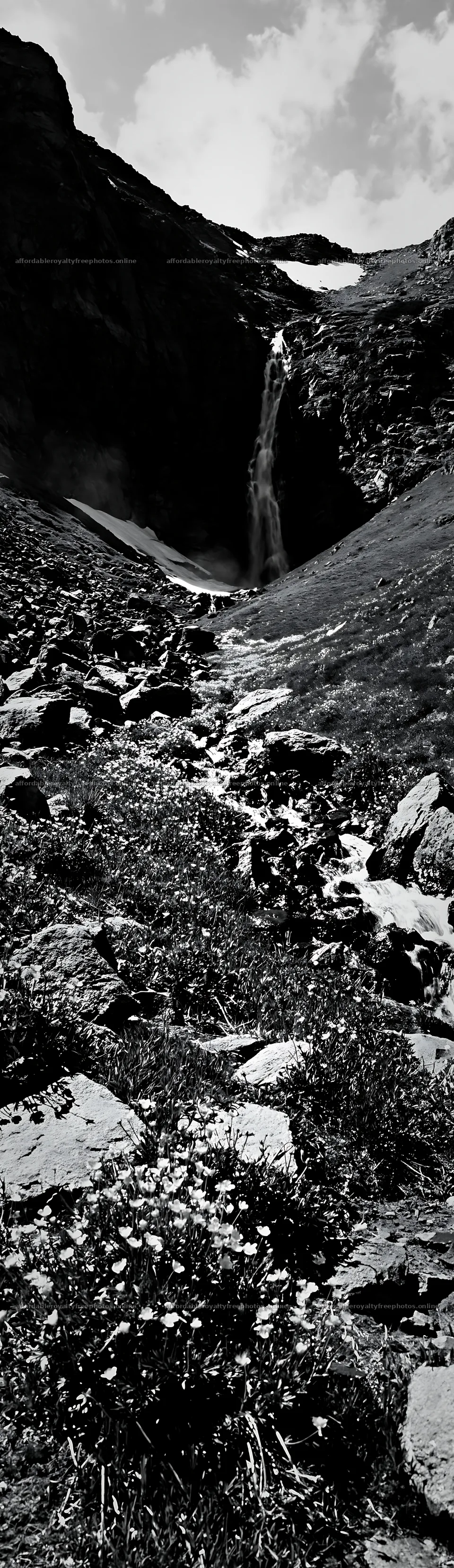 Alpine meadow with waterfall and rocky landscape – royalty-free photos 4268x14762