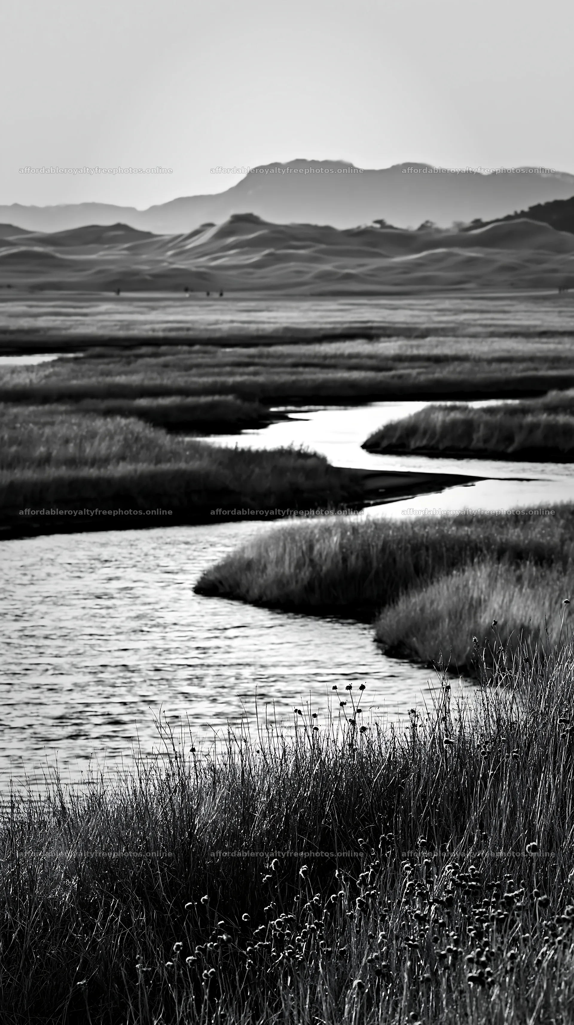Tottori windy meadow with dune grasses and flowing water – royalty-free photos 5938x10608
