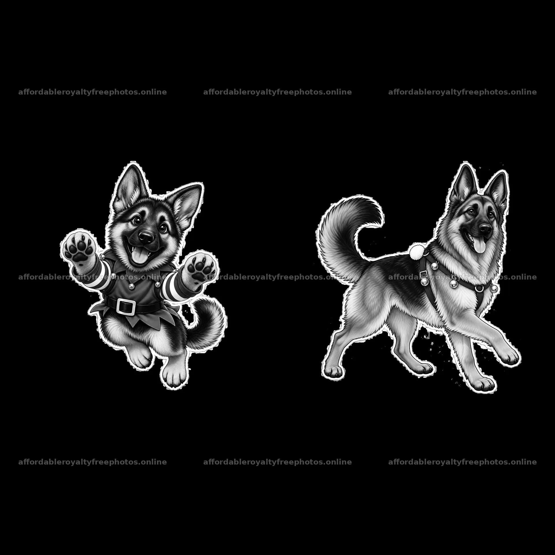 Christmas German Shepherd cartoon stickers in black and – royalty-free photos 7746x7746