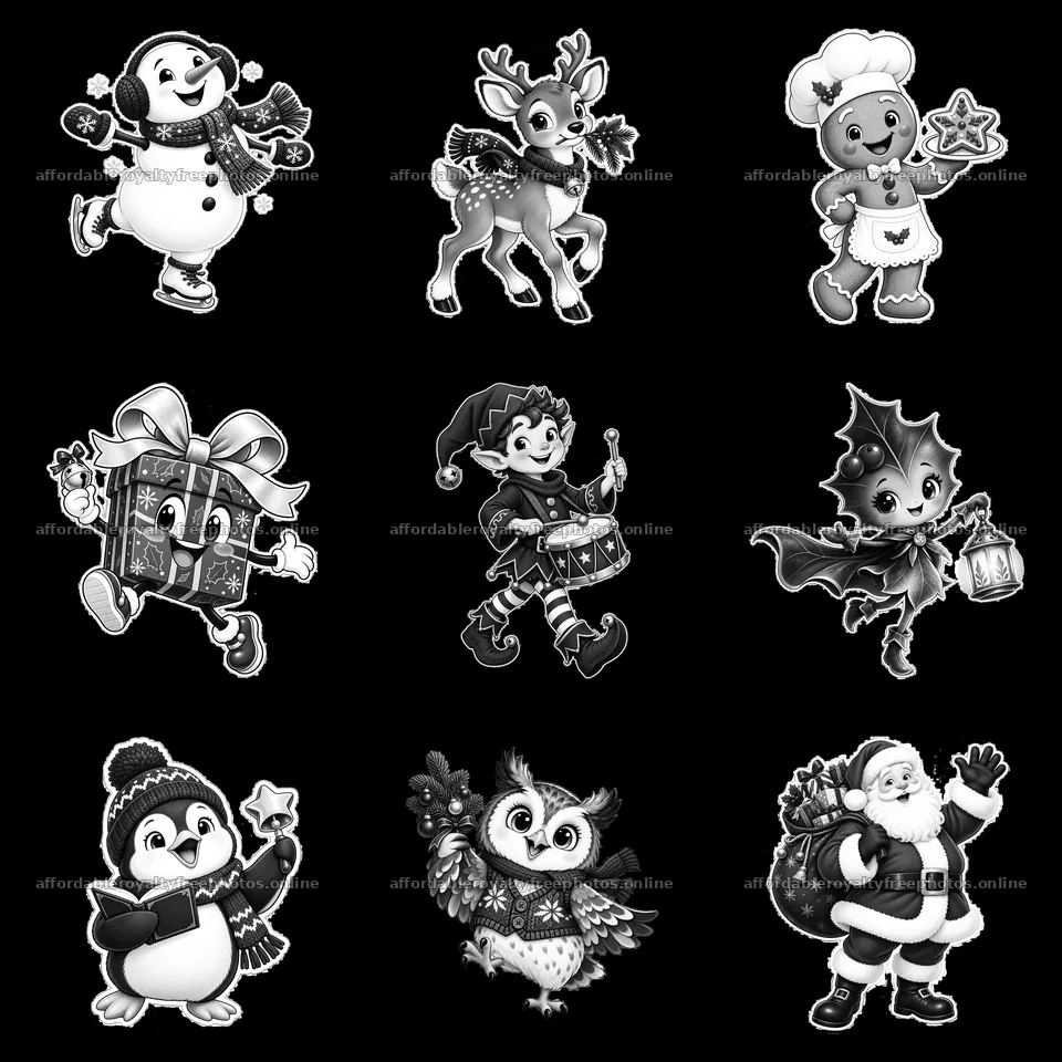 Christmas cartoon characters in a 3x3 grid – royalty-free photos 7746x7746