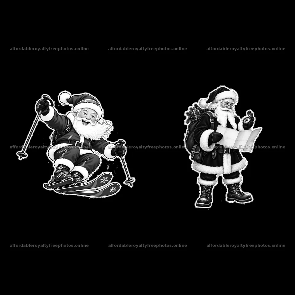 Santa Claus skiing and checking map in winter adventure – royalty-free photos 7746x7746