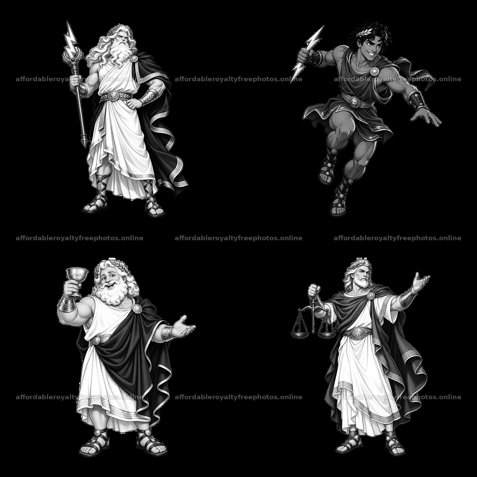 Zeus and gods in four distinct monochrome cartoon – royalty-free photos 7746x7746