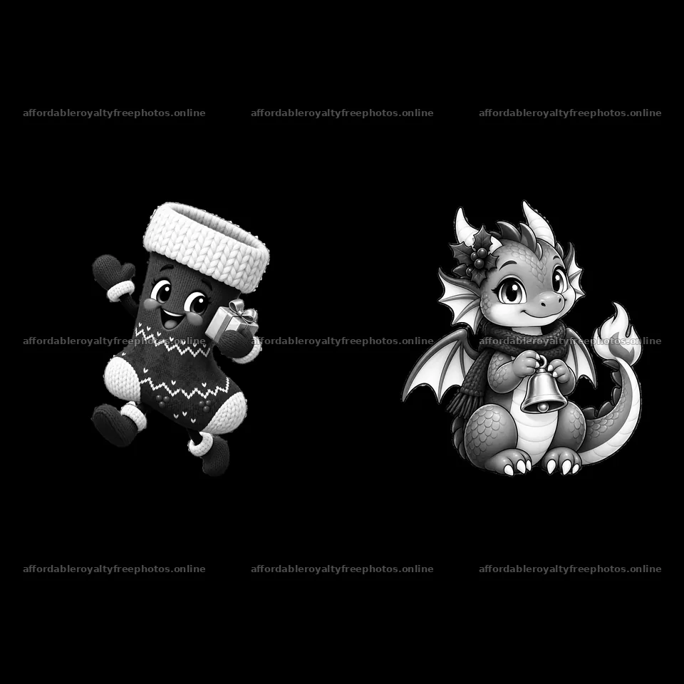 Christmas sock and dragon bell character stickers in black and white – royalty-free photos 7746x7746