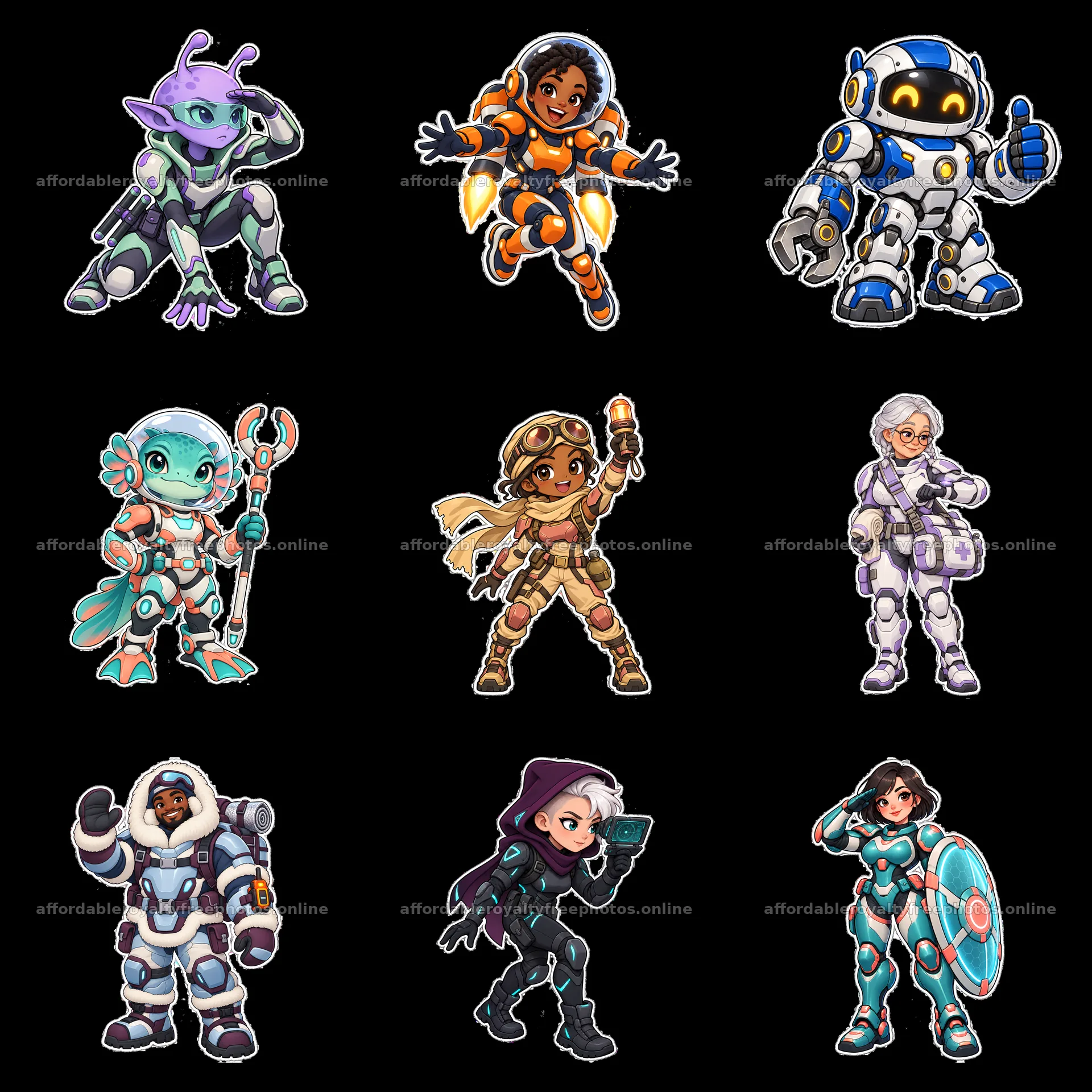 Kawaii futuristic super-soldier characters in a 3x3 – royalty-free photos 7746x7746