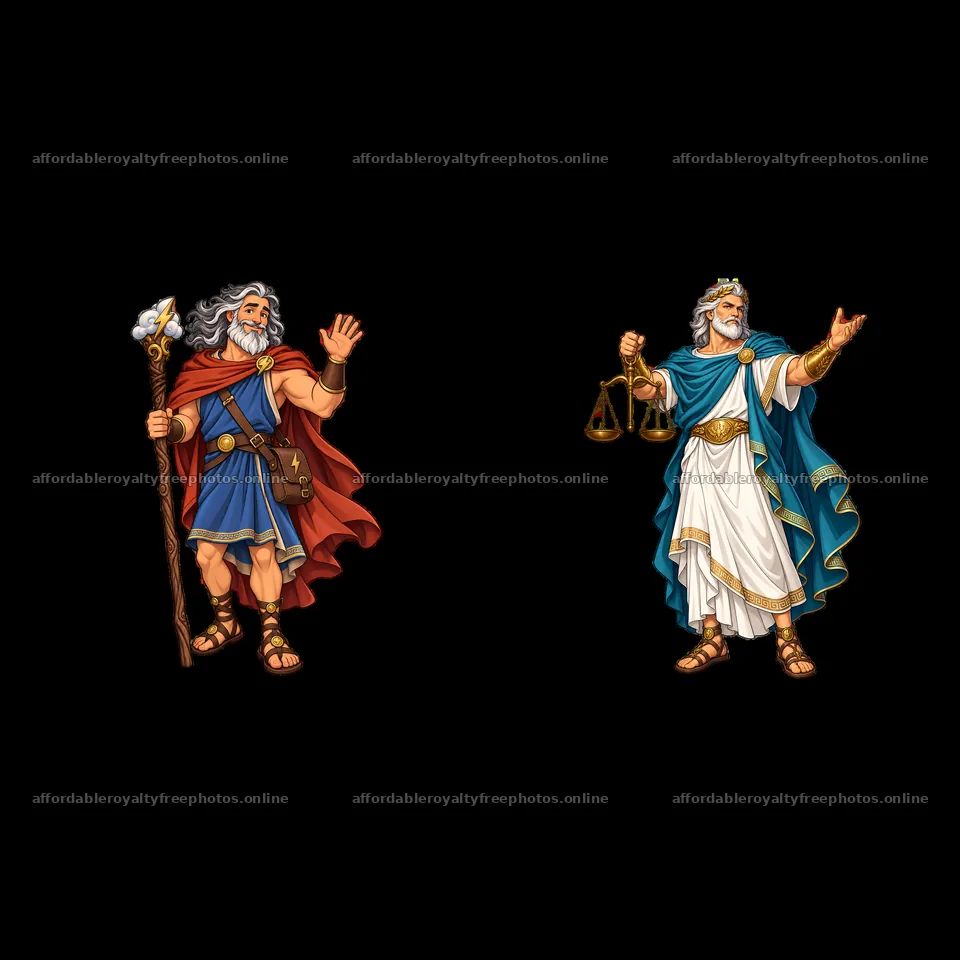 Zeus and a judge holding scales in a cartoon illustration – royalty-free photos 7746x7746