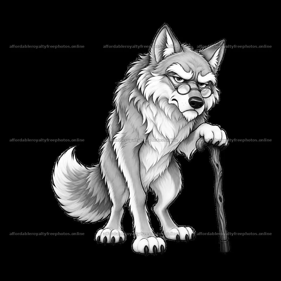 Grumpy wolf with a cane and glasses in black and white – royalty-free photos 7746x7746