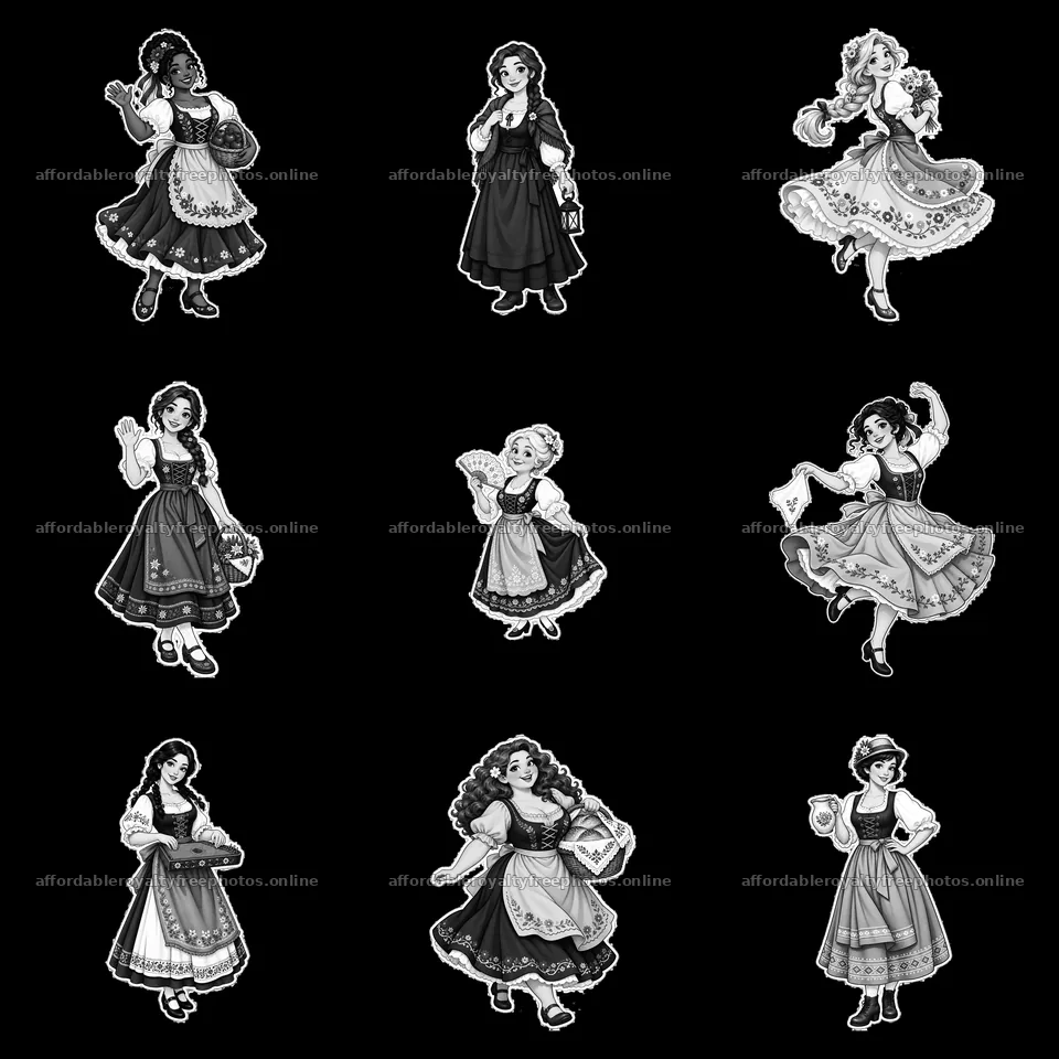 Women in traditional folk dress in a 3x3 grid layout – royalty-free photos 7746x7746