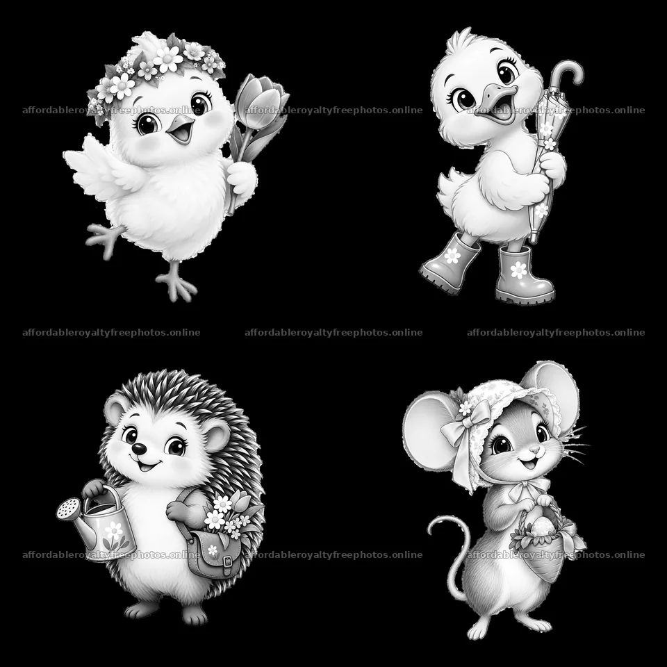 Cute animals celebrating Easter in a 2x2 layout – royalty-free photos 7746x7746