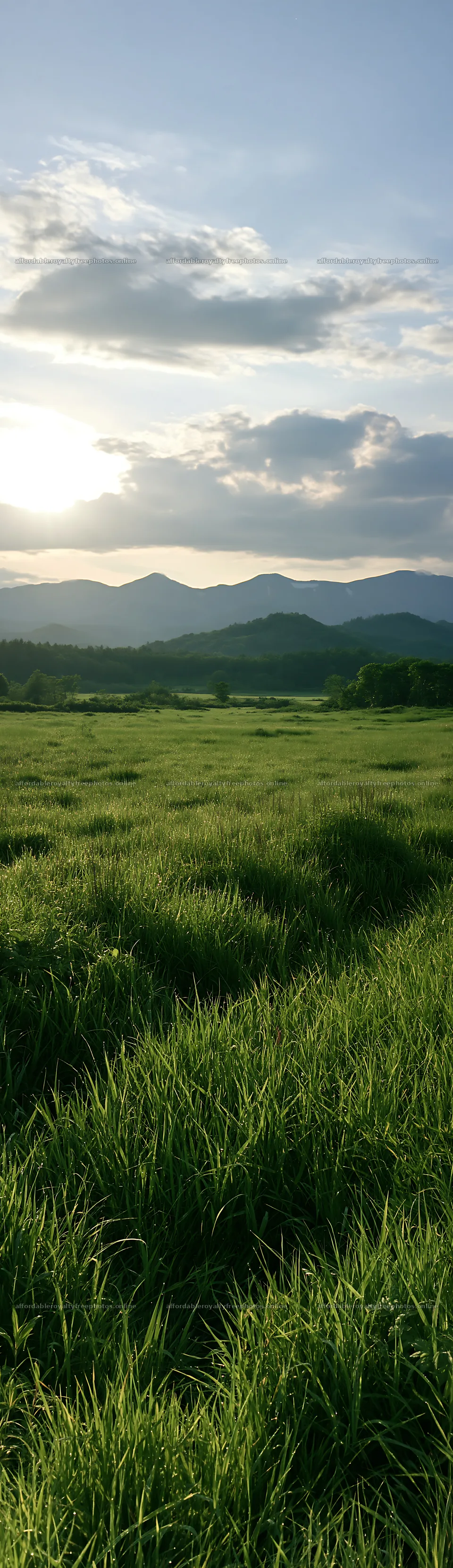 Expansive Hokkaido restoration meadow with dewdrops – royalty-free photos 4268x14762