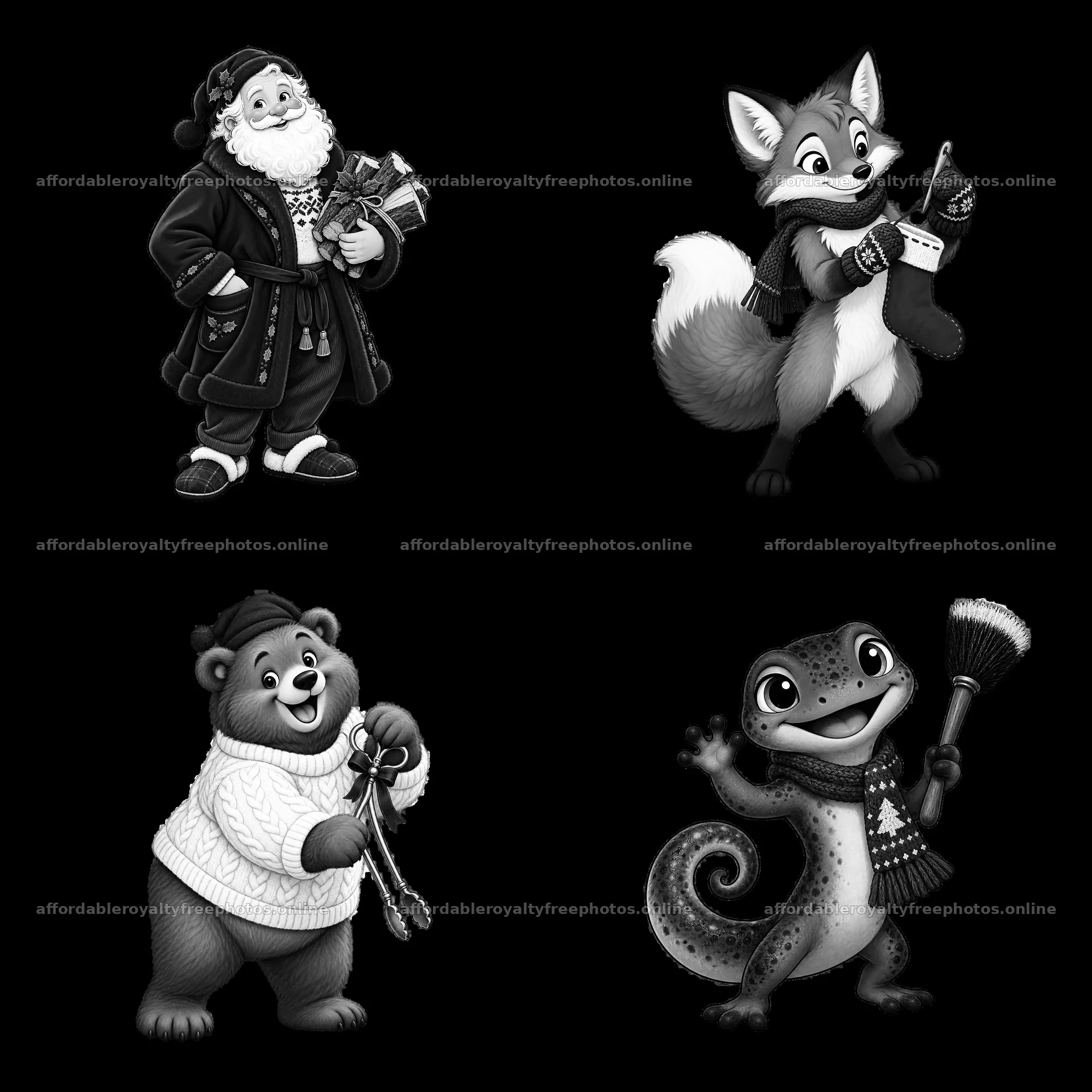 Cute animals and Santa with Christmas gifts and stockings – royalty-free photos 7746x7746