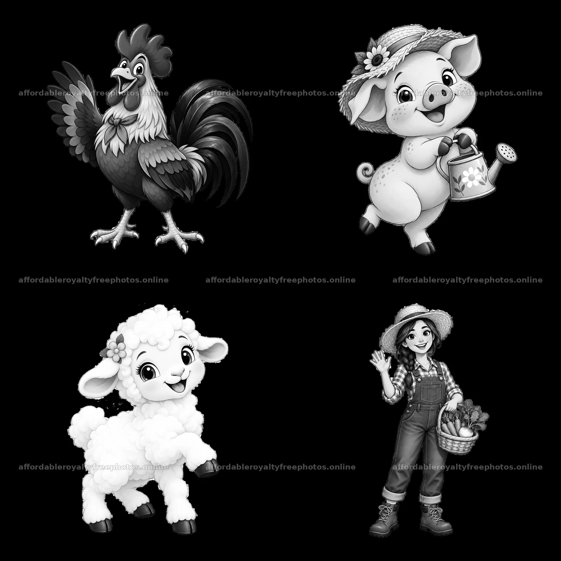 Farm animal and character cartoon stickers in black and – royalty-free photos 7746x7746