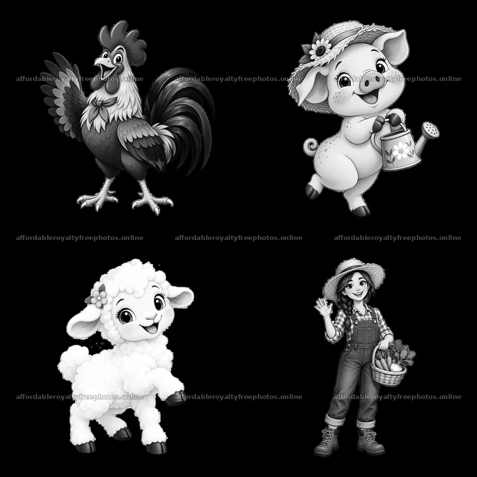 Farm animal and character cartoon stickers in black and – royalty-free photos 7746x7746