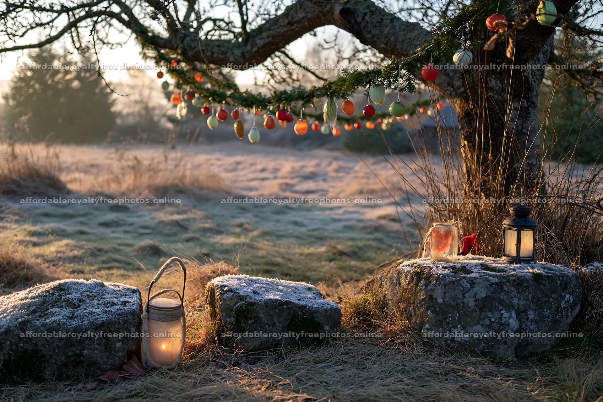 Christmas apple tree with lanterns and frosted stones in – royalty-free photos 9722x6480