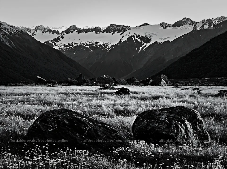 Meadow with boulders and mountains in the background – royalty-free photos 9174x6866
