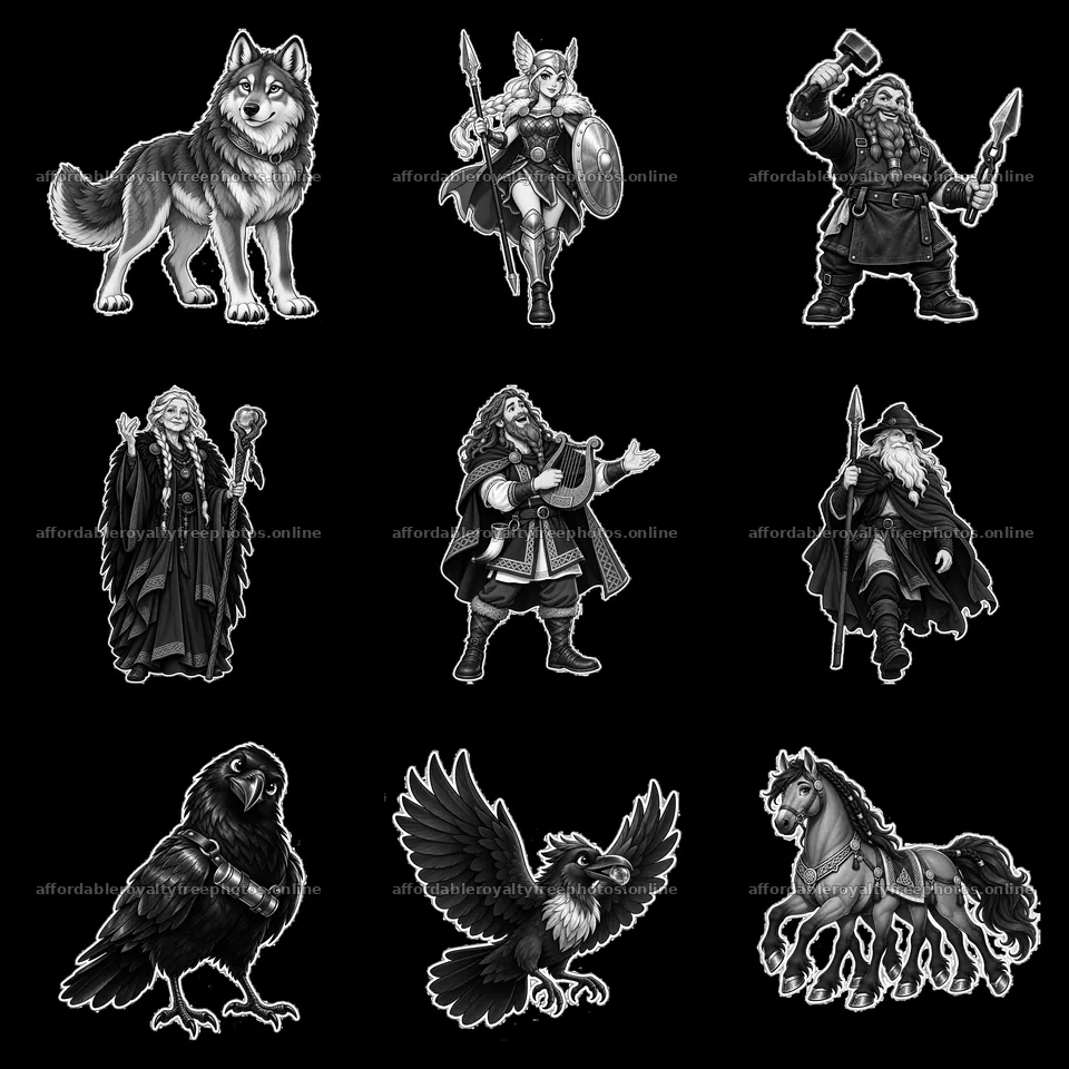 Odin's Norse mythology characters and creatures in black – royalty-free photos 7746x7746