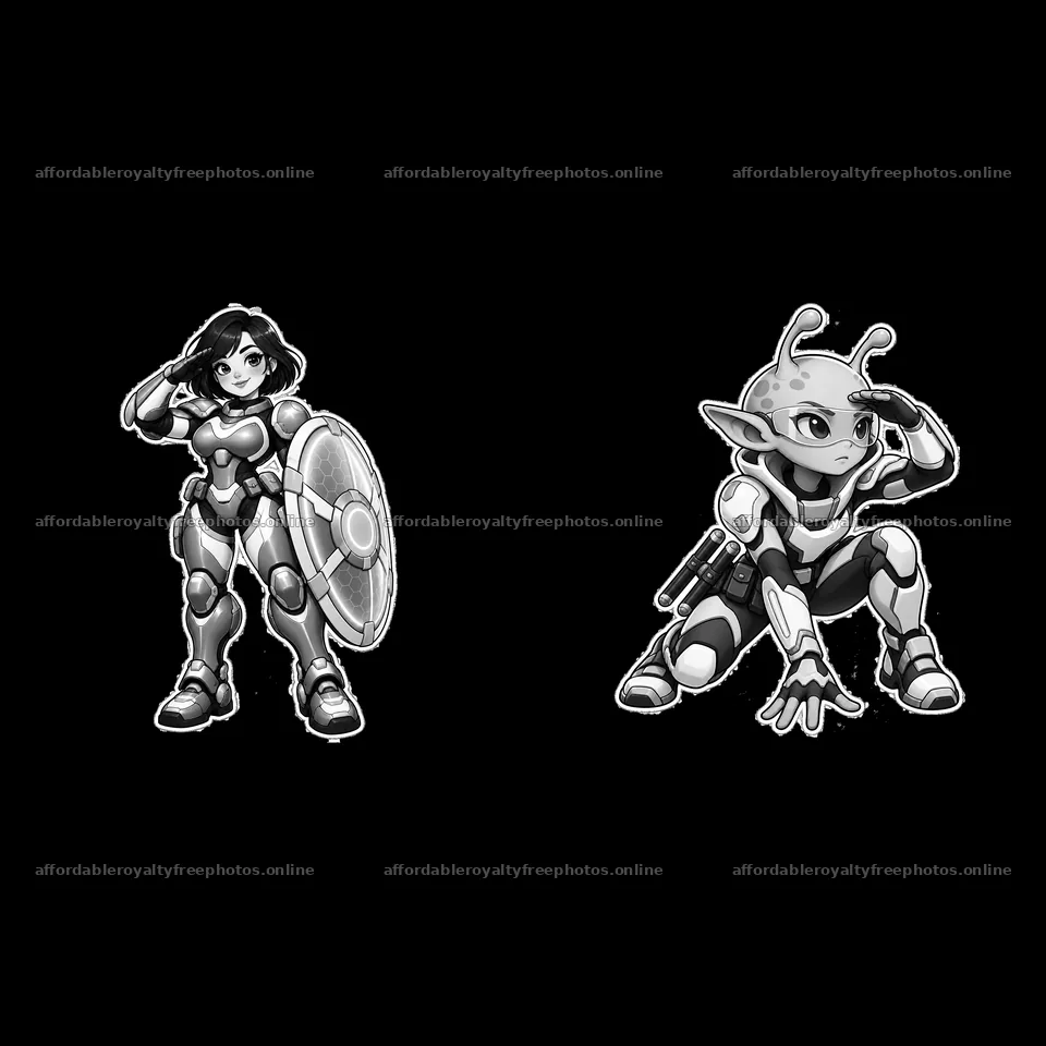 Kawaii futuristic super-soldier duo with shield and – royalty-free photos 7746x7746