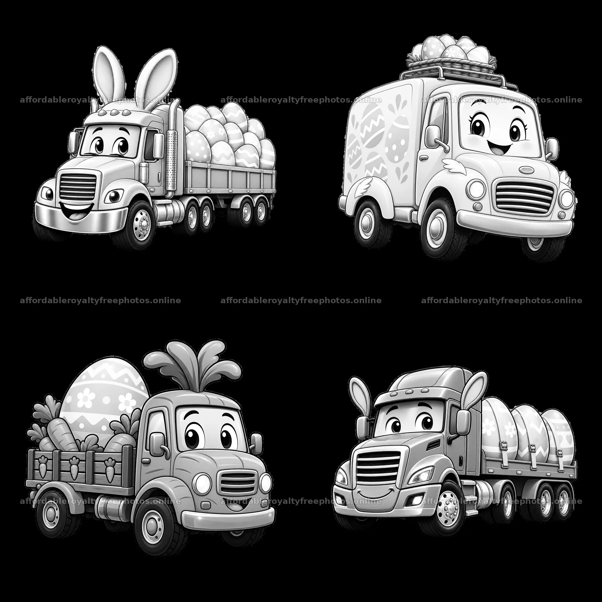 Easter trucks with black-and-white egg and bunny decor – royalty-free photos 7746x7746