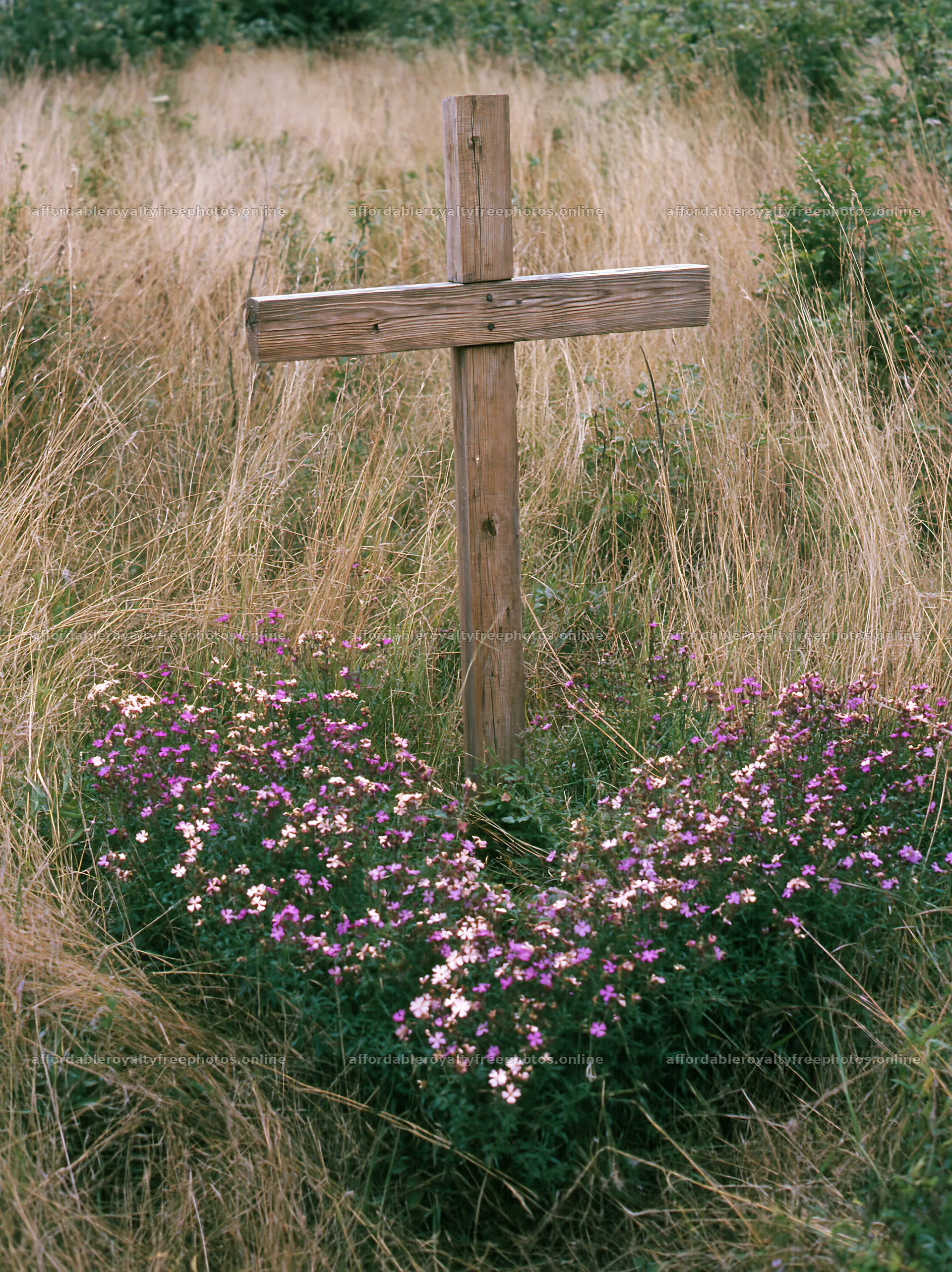 Wooden Christian cross surrounded by flowers in a meadow – royalty-free photos 6866x9174