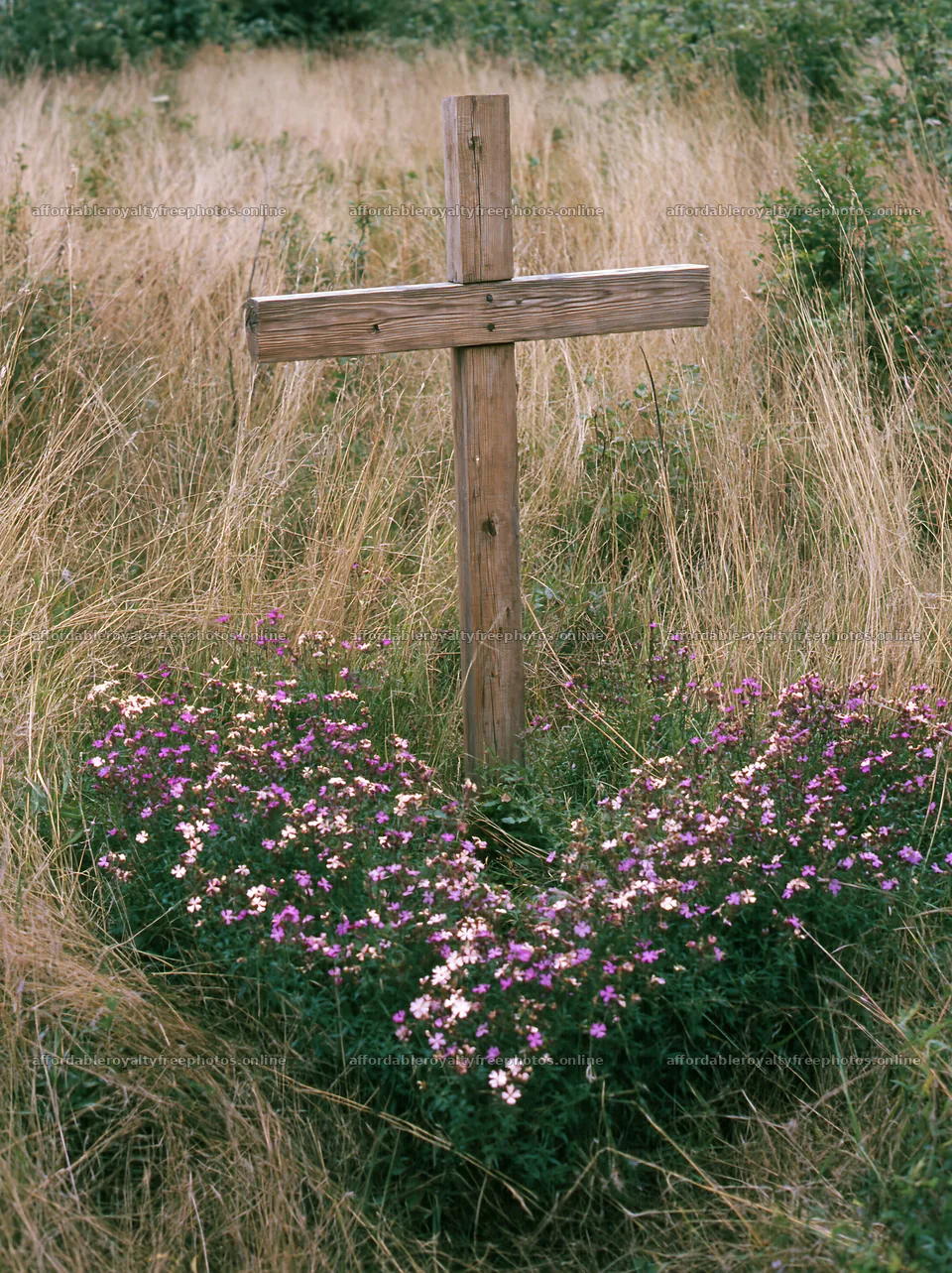 Wooden Christian cross surrounded by flowers in a meadow – royalty-free photos 6866x9174