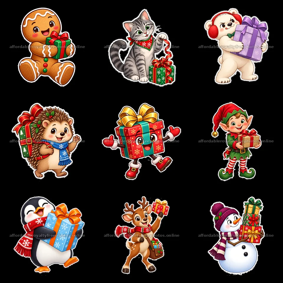 Cute animals and characters holding Christmas presents – royalty-free photos 7746x7746