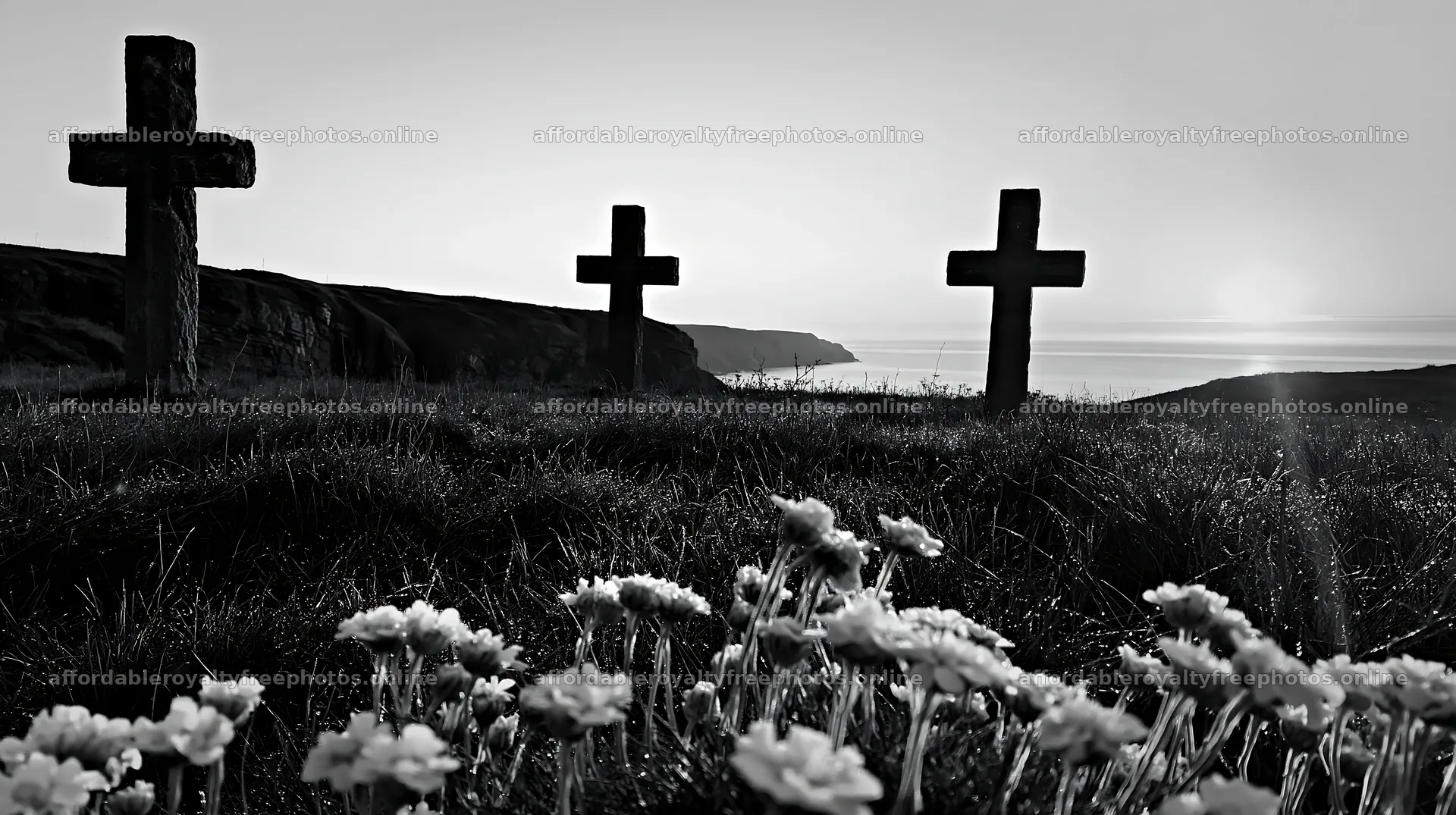 Christian crosses in a meadow at sunrise – royalty-free photos 10608x5938