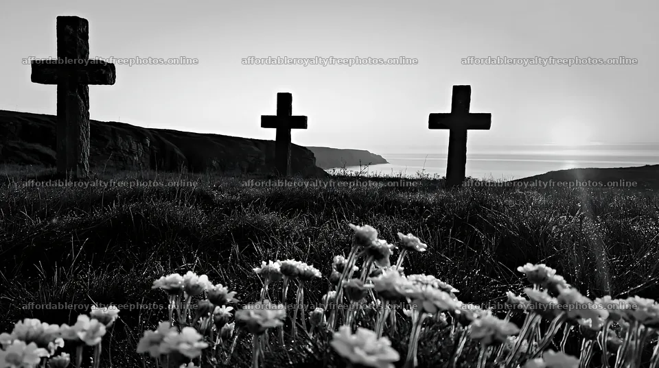 Christian crosses in a meadow at sunrise – royalty-free photos 10608x5938