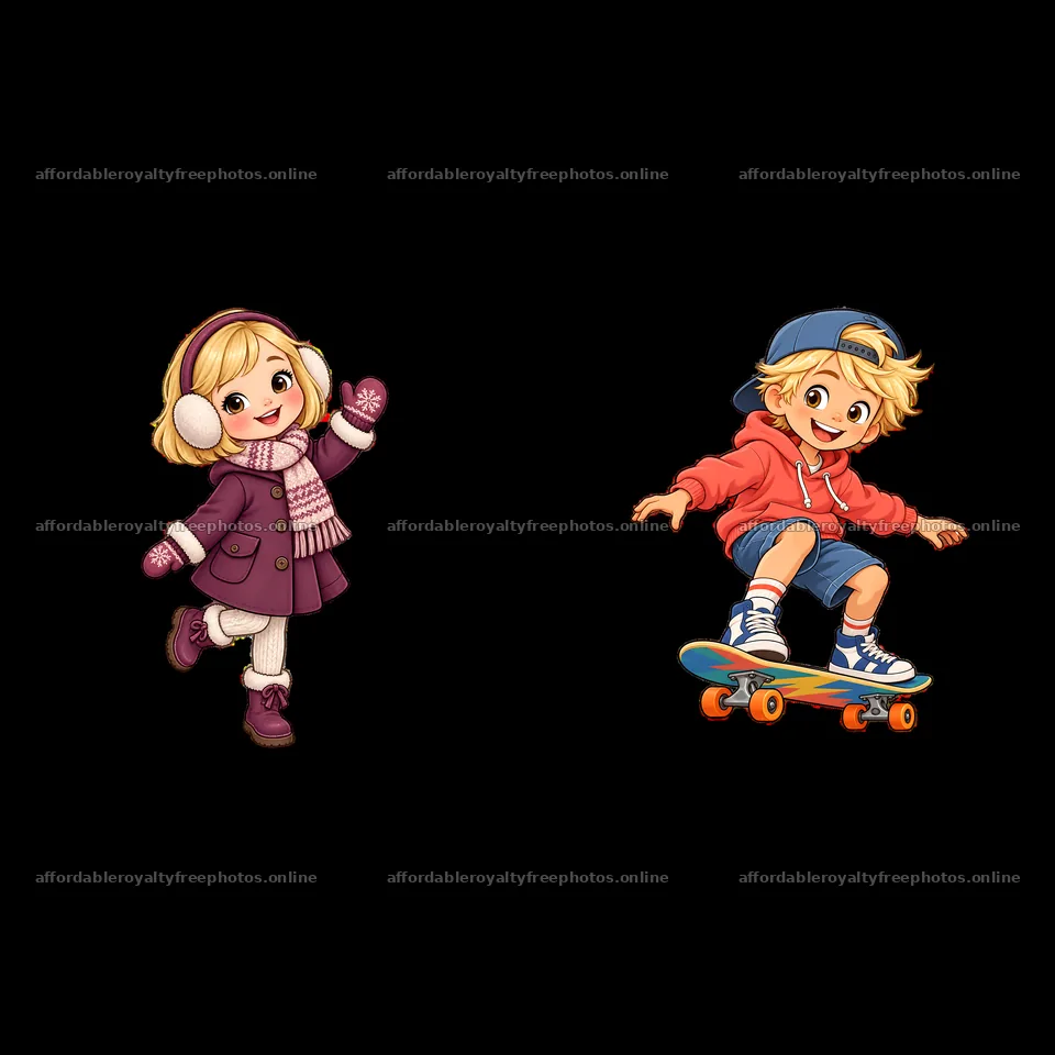 Blond child girl in winter outfit and boy skating on – royalty-free photos 7746x7746