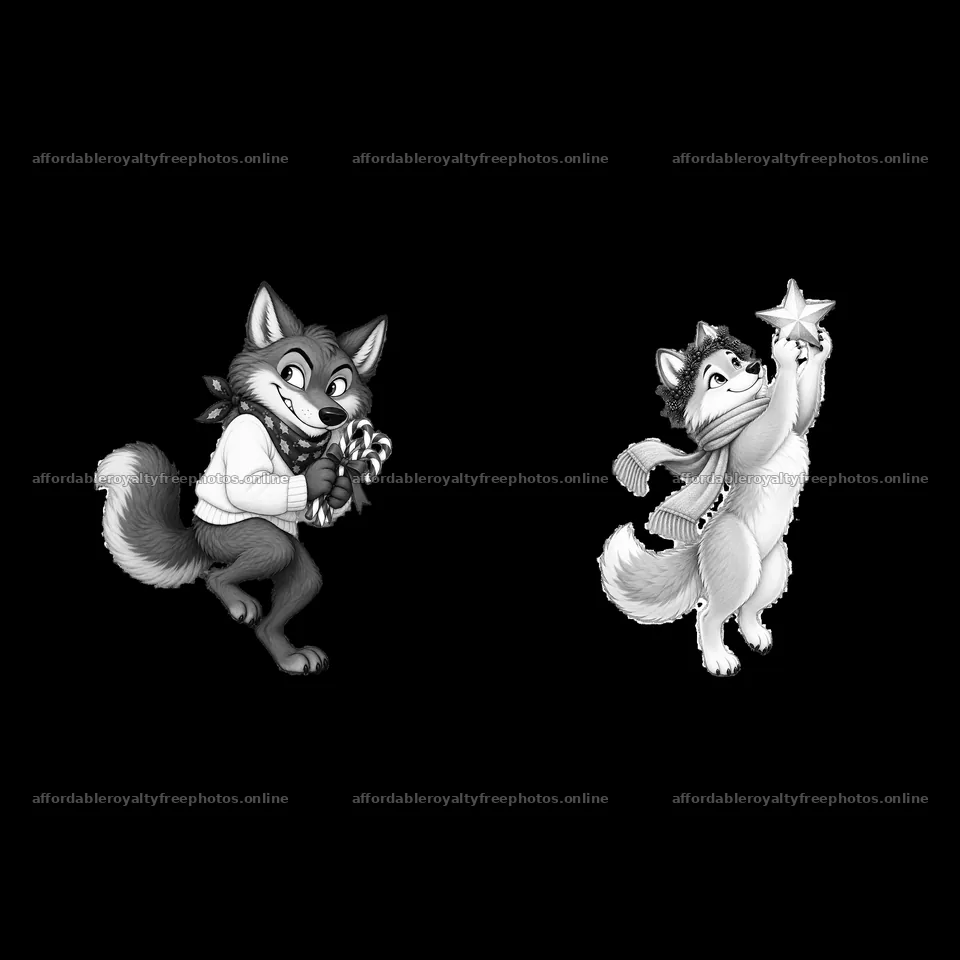 Two playful wolves celebrating Christmas with festive – royalty-free photos 7746x7746