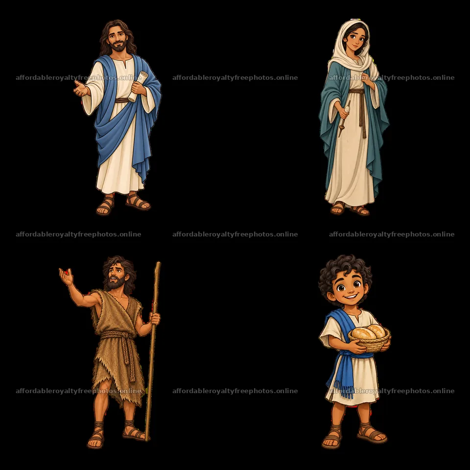 Jesus and biblical characters in four cartoon sticker – royalty-free photos 7746x7746