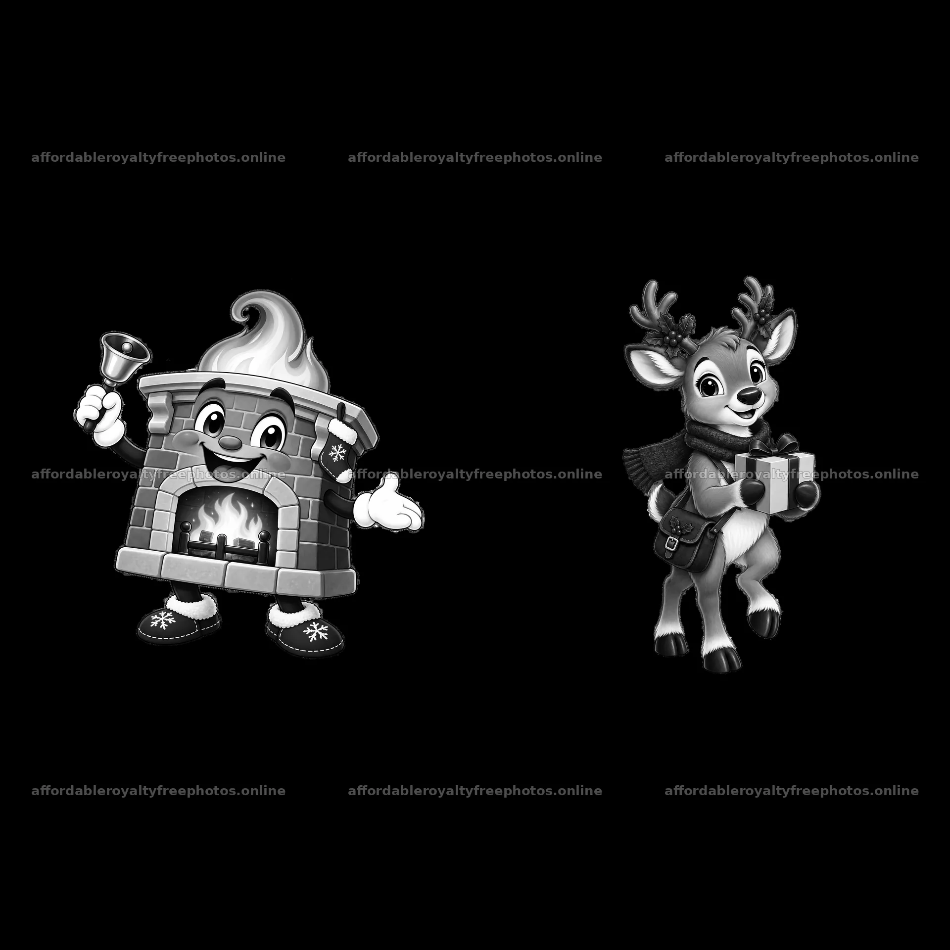 Cute Christmas fireplace and reindeer holding gifts – royalty-free photos 7746x7746