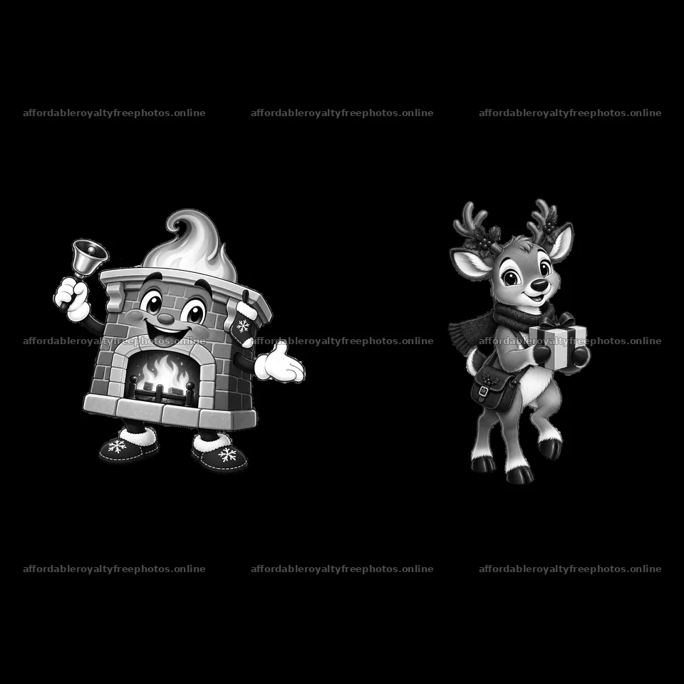 Cute Christmas fireplace and reindeer holding gifts – royalty-free photos 7746x7746